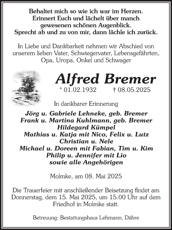 Traueranzeige von Alfred Bremer von Volksstimme Altmark West