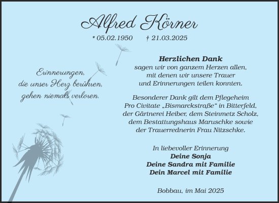 Traueranzeige von Alfred Körner von Trauerkombi Bitterfeld