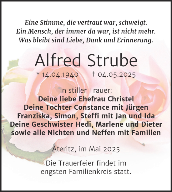 Traueranzeige von Alfred Strube von Trauerkombi Wittenberg