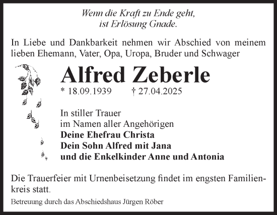 Traueranzeige von Alfred Zeberle von Volksstimme Magdeburg