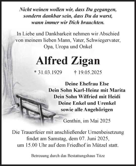 Traueranzeige von Alfred Zigan von Volksstimme Burg/Genthin