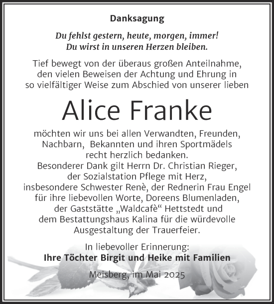 Traueranzeige von Alice Franke von Trauerkombi Mansfelder Land