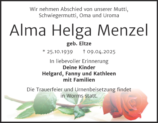 Traueranzeige von Alma Helga Menzel von Trauerkombi Bitterfeld