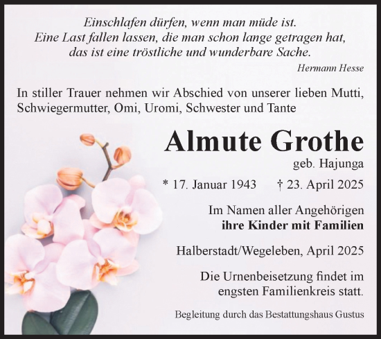 Traueranzeige von Almute Grothe von Volksstimme Halberstadt