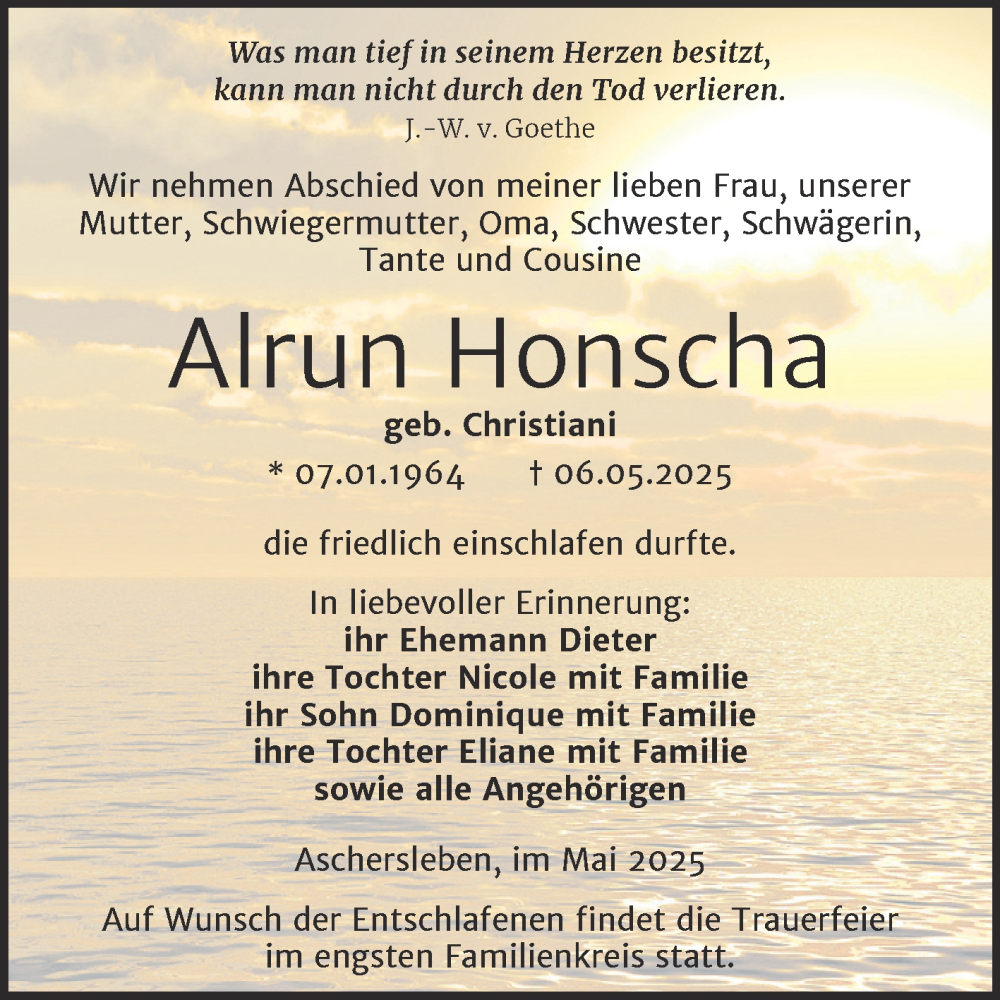  Traueranzeige für Alrun Honscha vom 10.05.2025 aus Trauerkombi Aschersleben