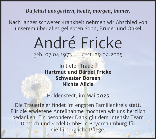 Traueranzeige von Andre Fricke von Trauerkombi Sangerhausen