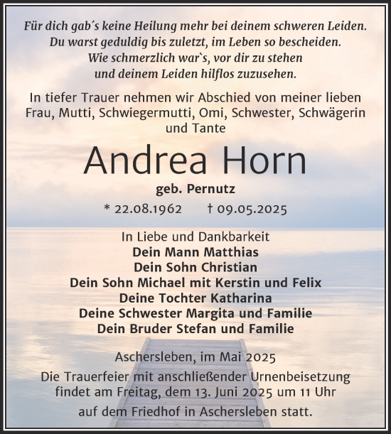 Traueranzeige von Andrea Horn von Trauerkombi Aschersleben