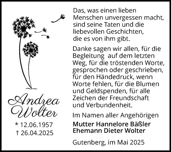 Traueranzeige von Andrea Wolter von Mitteldeutsche Zeitung Halle/Saalkreis