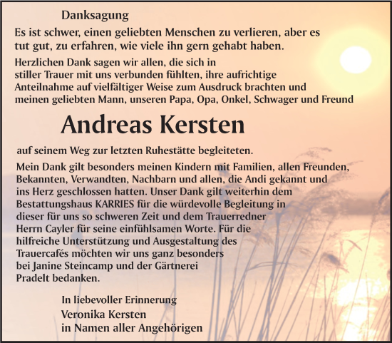 Traueranzeige von Andreas Kersten von Trauerkombi Quedlinburg