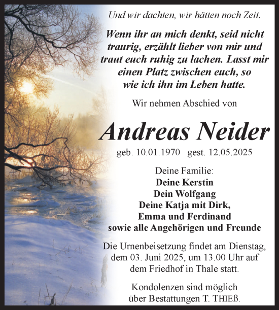 Traueranzeige von Andreas Neider von Trauerkombi Quedlinburg