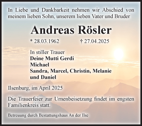 Traueranzeige von Andreas Rösler von Volksstimme Wernigerode