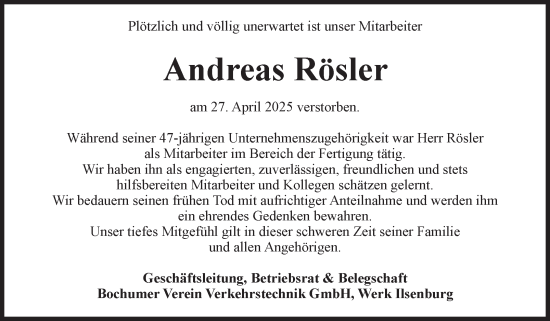 Traueranzeige von Andreas Rösler von Volksstimme Wernigerode