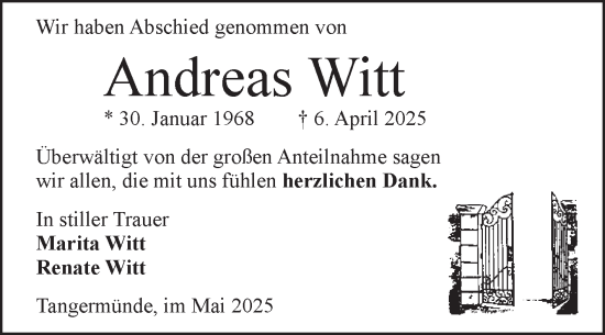 Traueranzeige von Andreas Witt von Volksstimme Altmark Ost