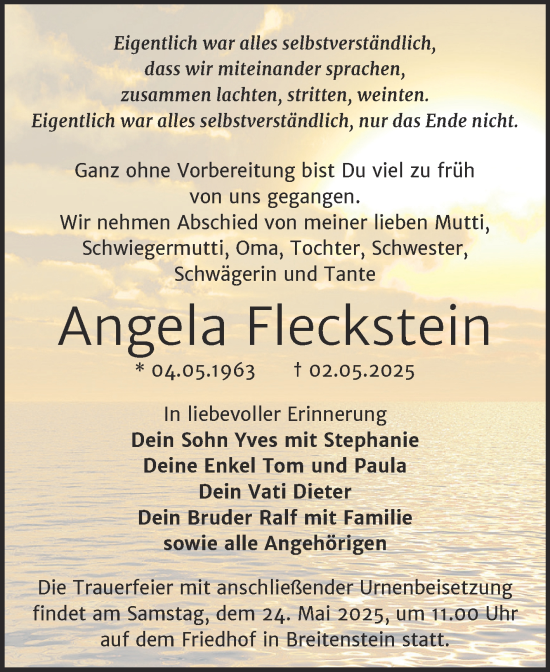 Traueranzeige von Angela Fleckstein von Trauerkombi Sangerhausen