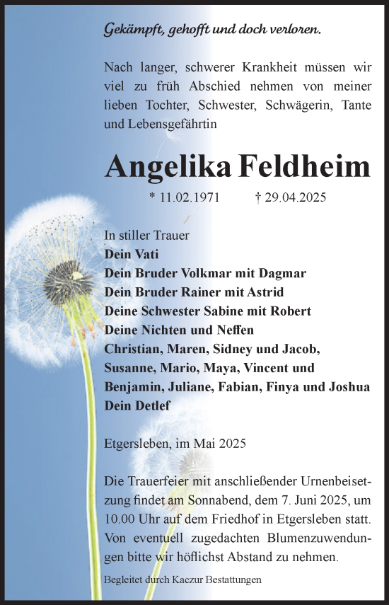 Traueranzeige von Angelika Feldheim von Volksstimme Staßfurt