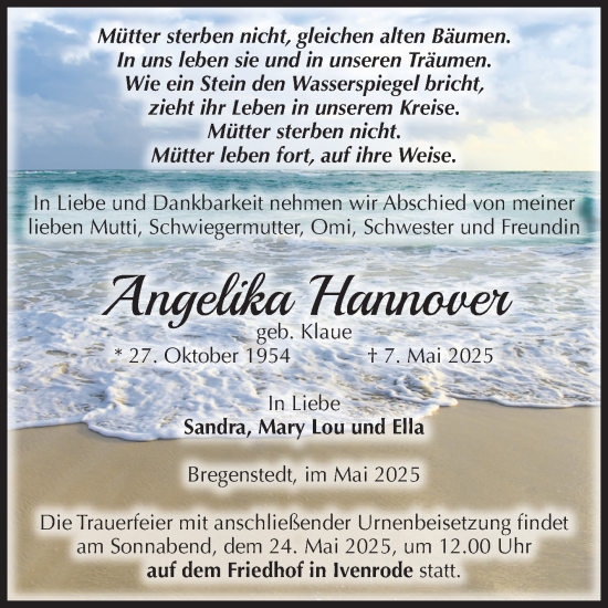 Traueranzeige von Angelika Hannover von Volksstimme Haldensleben/Wolmirstedt