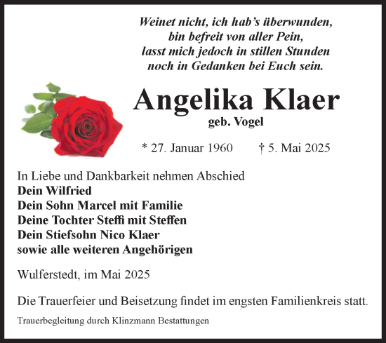 Traueranzeige von Angelika Klaer von Volksstimme Oschersleben/Wanzleben