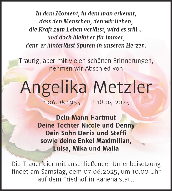 Traueranzeige von Angelika Metzler von Mitteldeutsche Zeitung Halle/Saalkreis