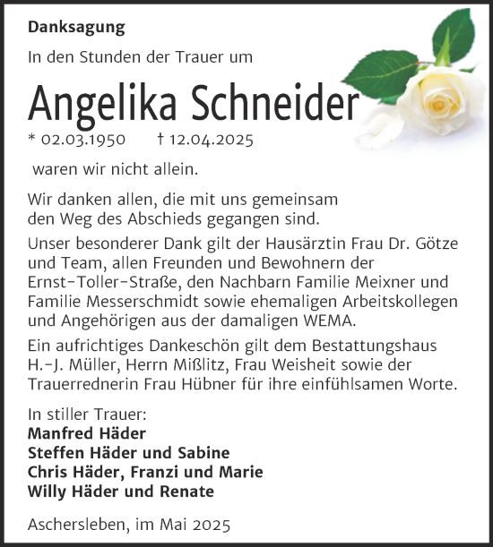 Traueranzeige von Angelika Schneider von Mitteldeutsche Zeitung Aschersleben