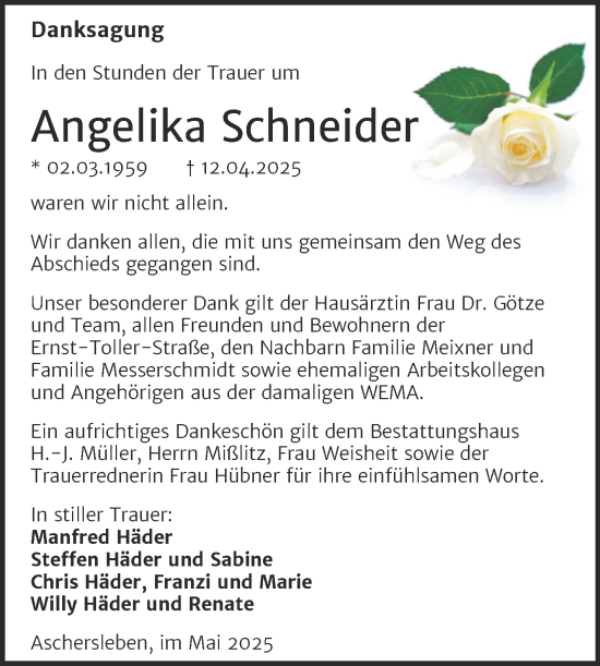Traueranzeige von Angelika Schneider von Trauerkombi Aschersleben