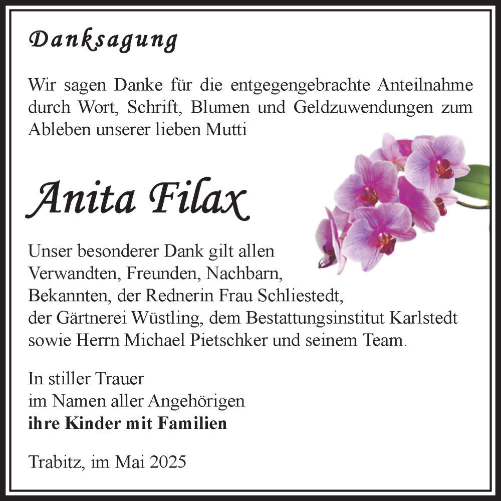  Traueranzeige für Anita Filax vom 10.05.2025 aus Volksstimme Schönebeck