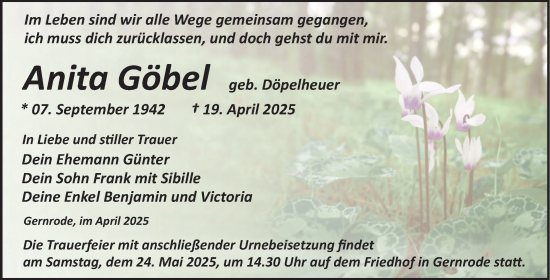 Traueranzeige von Anita Göbel von Trauerkombi Quedlinburg