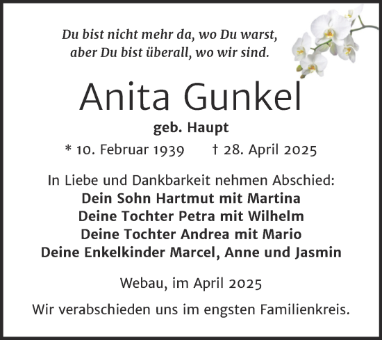 Traueranzeige von Anita Gunkel von Trauerkombi Weißenfels