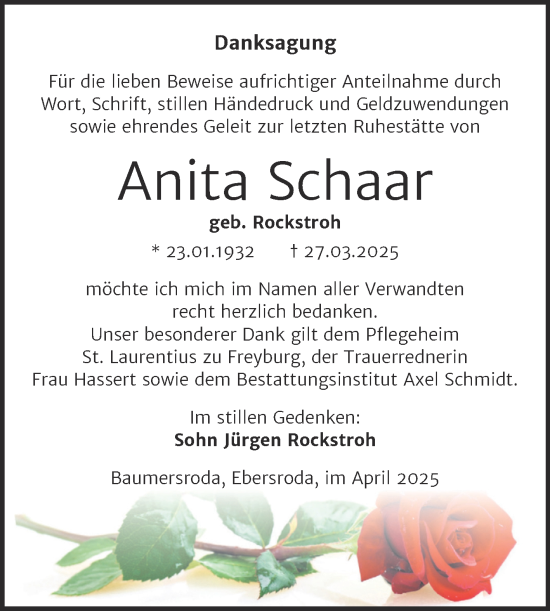 Traueranzeige von Anita Schaar von Super Sonntag Naumburg/Nebra