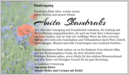 Traueranzeige von Anita Skambraks von Trauerkombi Wittenberg