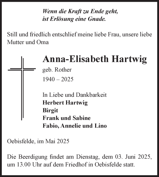 Traueranzeige von Anna-Elisabeth Hartwig von Volksstimme Altmark West