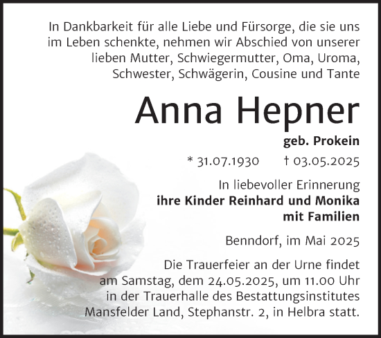 Traueranzeige von Anna Hepner von Trauerkombi Mansfelder Land