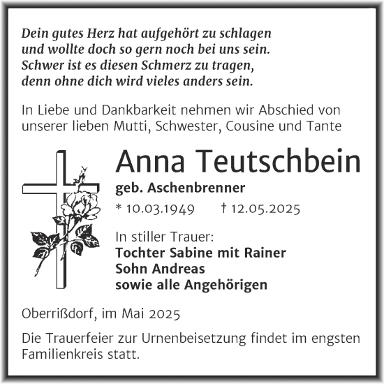 Traueranzeige von Anna Teutschbein von Trauerkombi Mansfelder Land