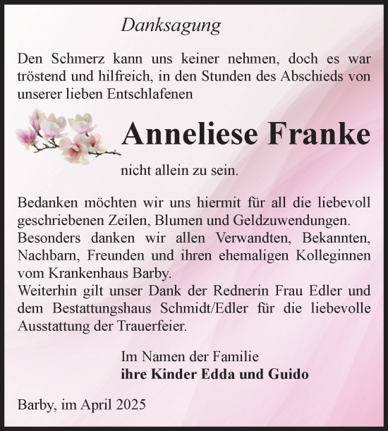 Traueranzeige von Anneliese Franke von Volksstimme Schönebeck