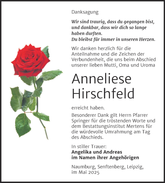 Traueranzeige von Anneliese Hirschfeld von Super Sonntag Naumburg/Nebra