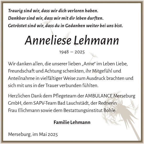 Traueranzeige von Anneliese Lehmann von Trauerkombi Merseburg