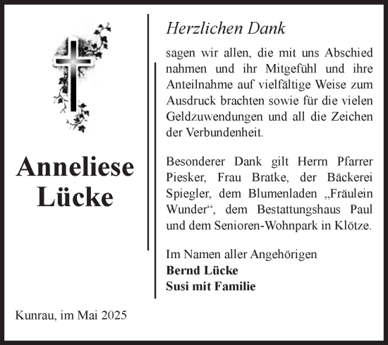 Traueranzeige von Anneliese Lücke von Volksstimme Altmark West