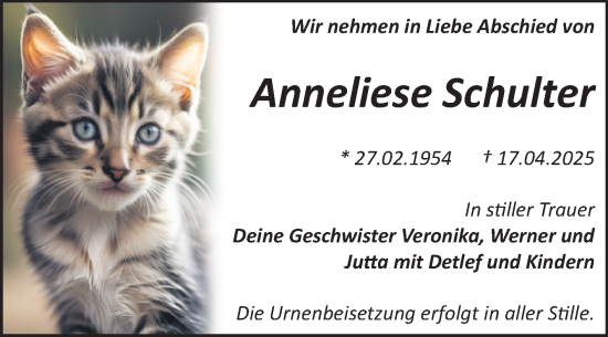 Traueranzeige von Anneliese Schulter von Trauerkombi Bitterfeld