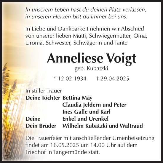 Traueranzeige von Anneliese Voigt von Volksstimme Altmark Ost