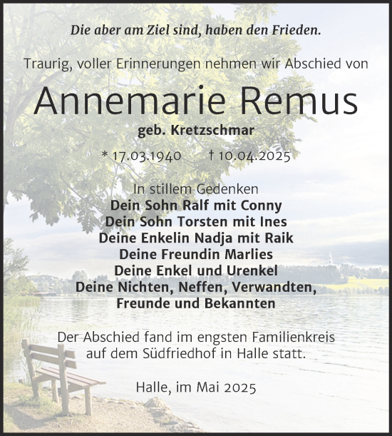Traueranzeige von Annemarie Remus von Mitteldeutsche Zeitung Halle/Saalkreis