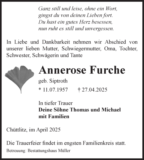 Traueranzeige von Annerose Furche von Volksstimme Altmark West