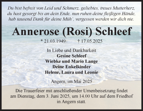 Traueranzeige von Annerose Schleef von Volksstimme Haldensleben/Wolmirstedt