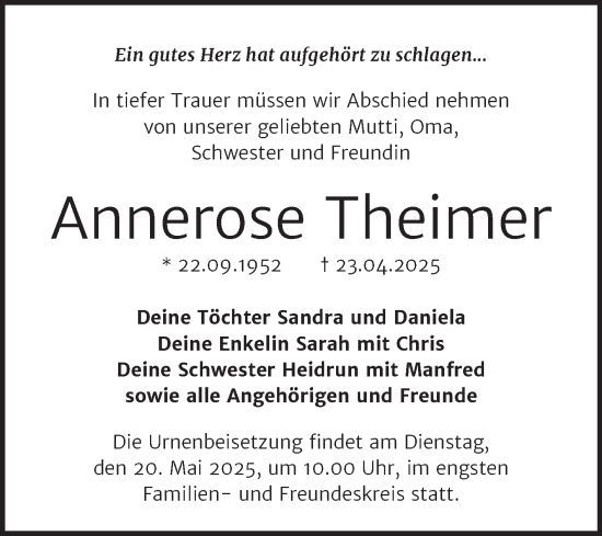 Traueranzeige von Annerose Theimer von Trauerkombi Wittenberg