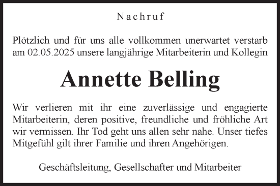 Traueranzeige von Annette Belling von Volksstimme Magdeburg