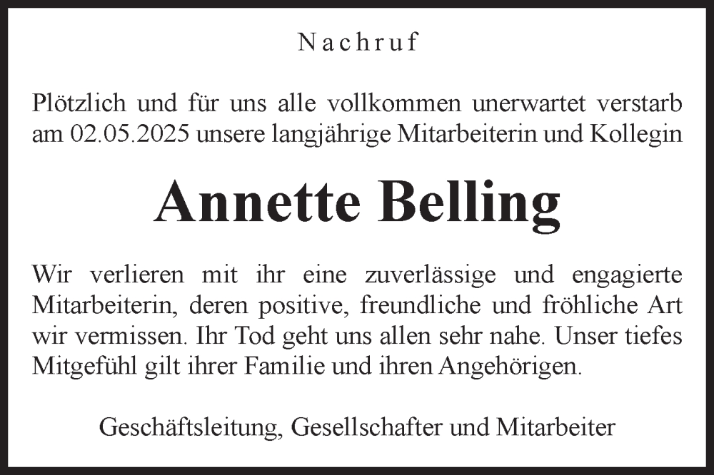  Traueranzeige für Annette Belling vom 17.05.2025 aus Volksstimme Magdeburg