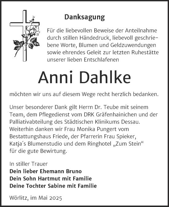 Traueranzeige von Anni Dahlke von Trauerkombi Wittenberg