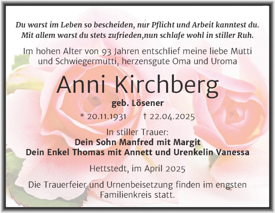 Traueranzeige von Anni Kirchberg von Trauerkombi Mansfelder Land