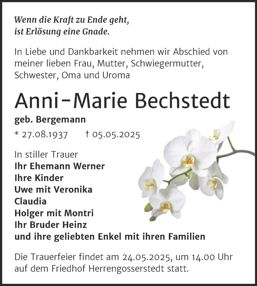  Traueranzeige für Anni-Marie Bechstedt vom 17.05.2025 aus Super Sonntag Naumburg/Nebra
