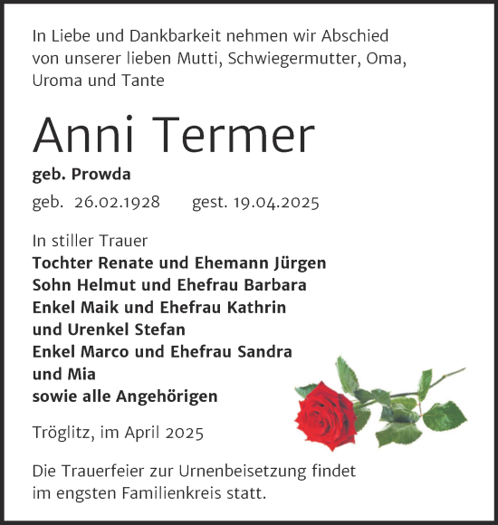 Traueranzeige von Anni Termer von Trauerkombi Zeitz