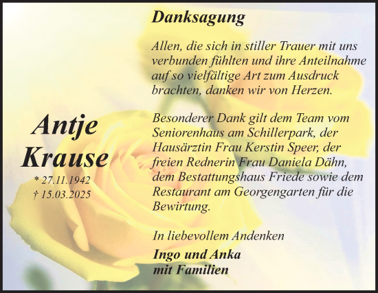 Traueranzeige von Antje Krause von Trauerkombi Dessau