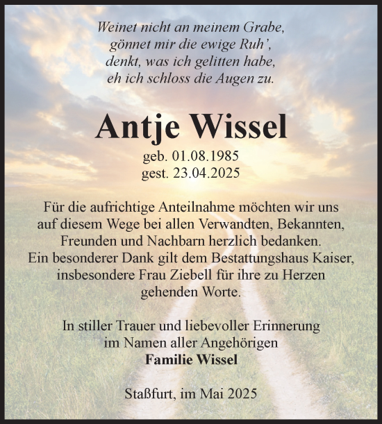 Traueranzeige von Antje Wissel von Volksstimme Staßfurt